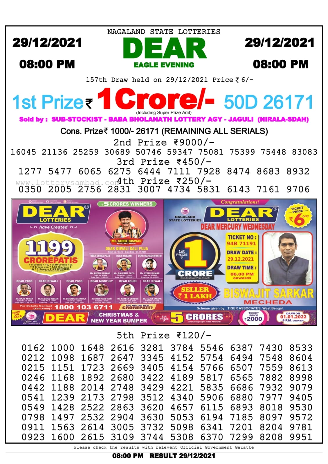 Dear Lottery Nagaland state Lottery 8.00 Pm 29/12/21