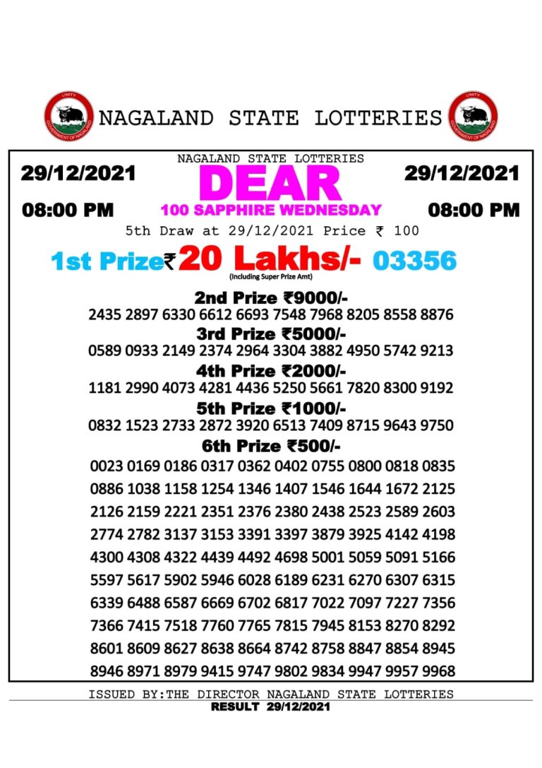 NAGALLAND STATE DEAR 100 WEEKLY LOTTERY 8 pm 29.12.2021