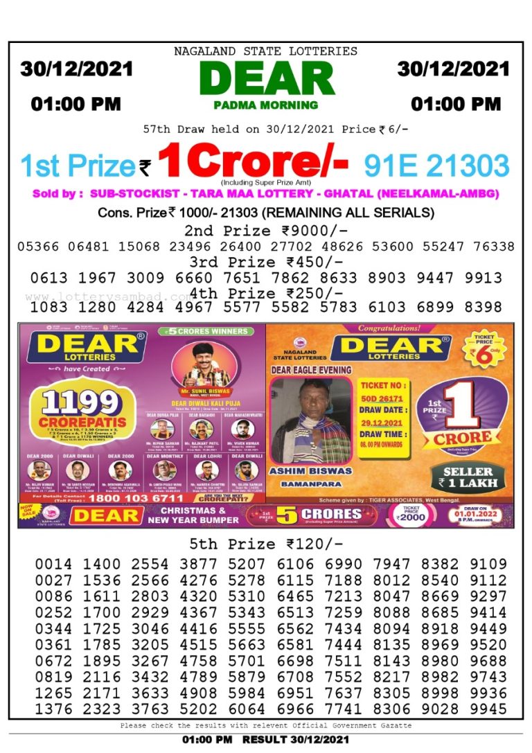 Dear Lottery Nagaland state Lottery 1.00 Pm 30/12/21