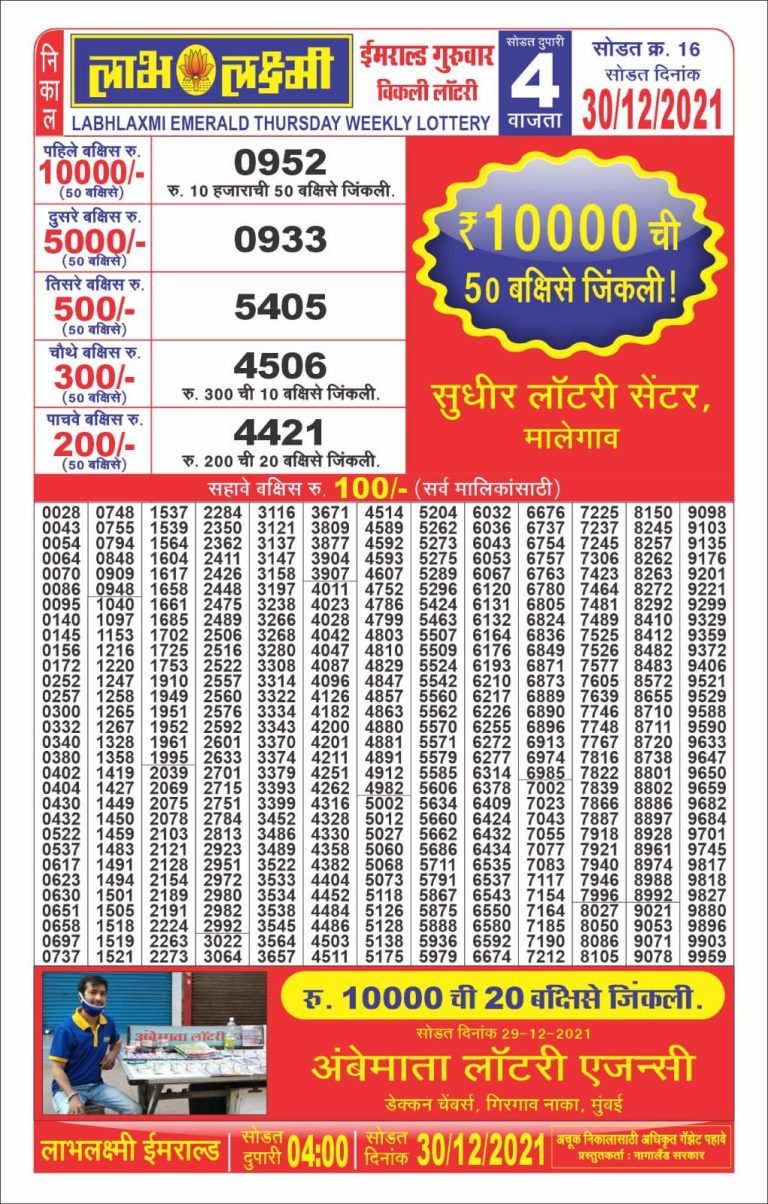 Labhlaxmi 4.00pm Lottery Result 30.12.2021