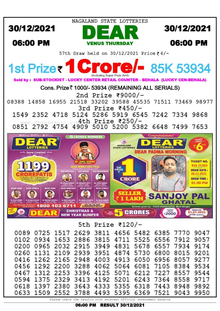 Dear Lottery Nagaland state Lottery 6.00 Pm 30/12/21