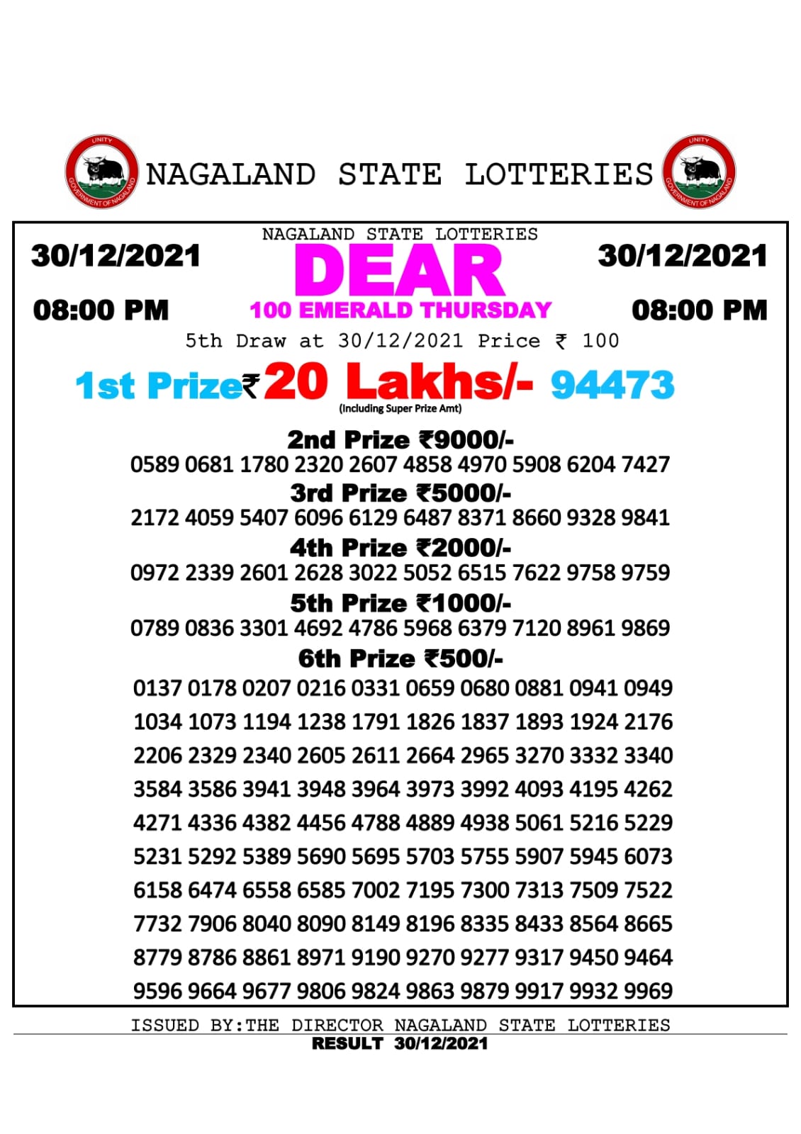 NAGALLAND STATE DEAR 100 WEEKLY LOTTERY 8 pm 30.12.2021
