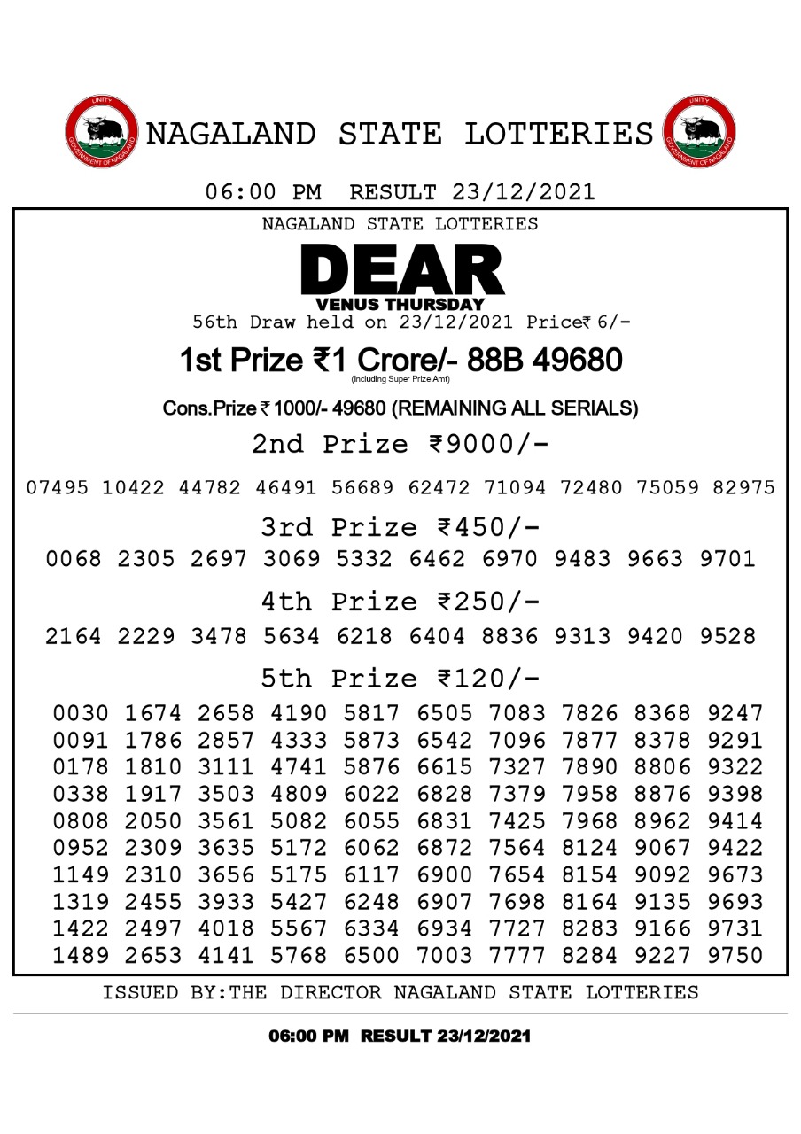 Dear Lottery Nagaland State Lottery Today 6:00 PM 23-12-2021