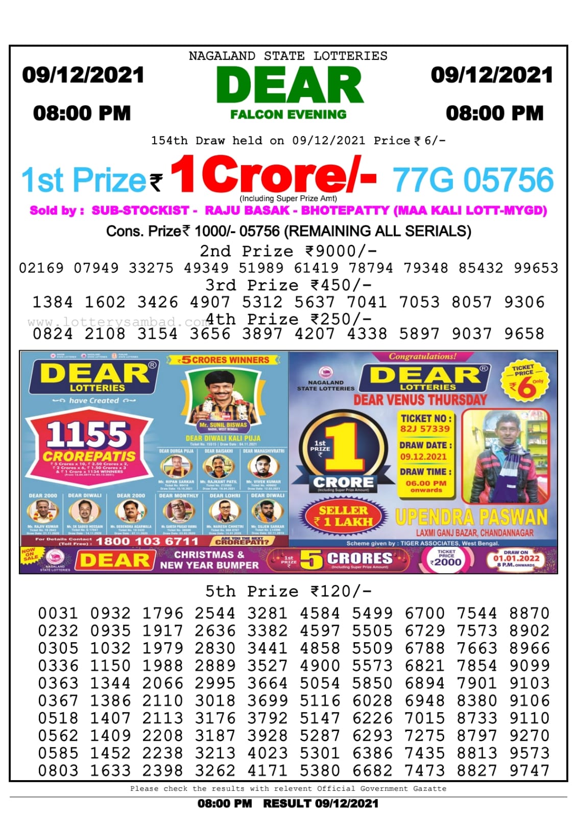 Dear Lottery Nagaland State Lottery Today 8:00 PM 09-12-2021