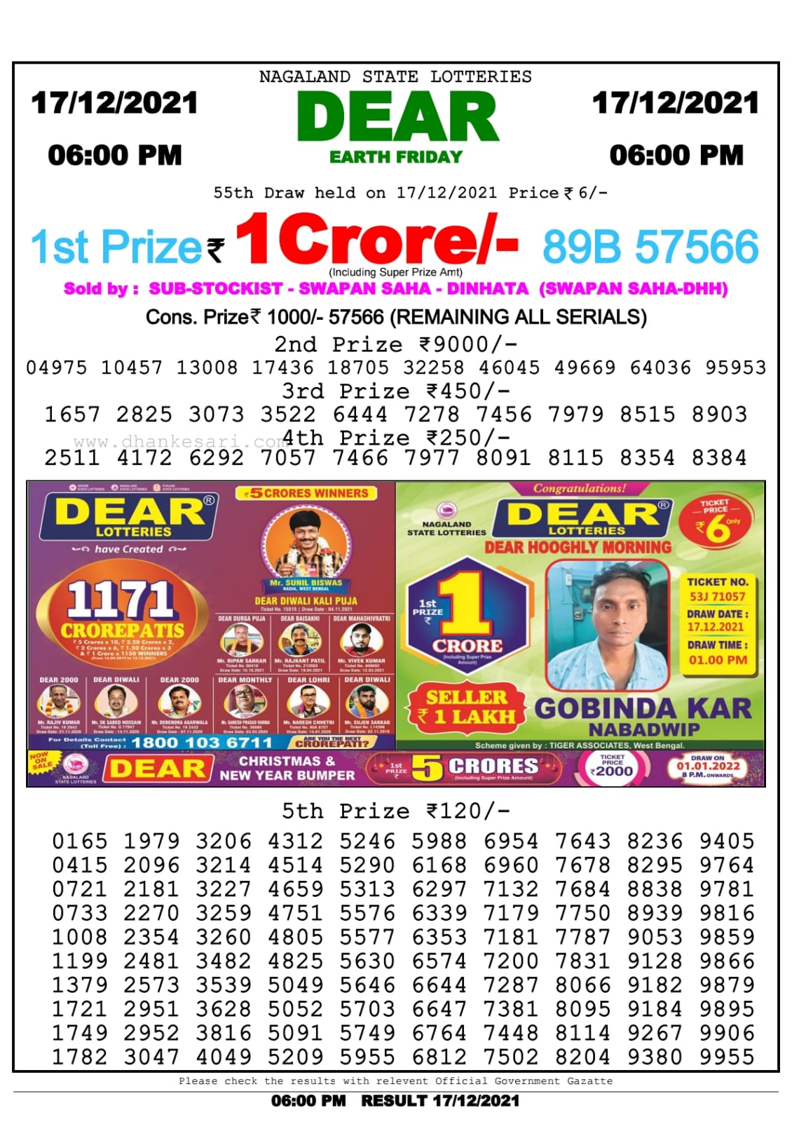 Dear Lottery Nagaland State Lottery Today 6:00 PM 17-12-2021