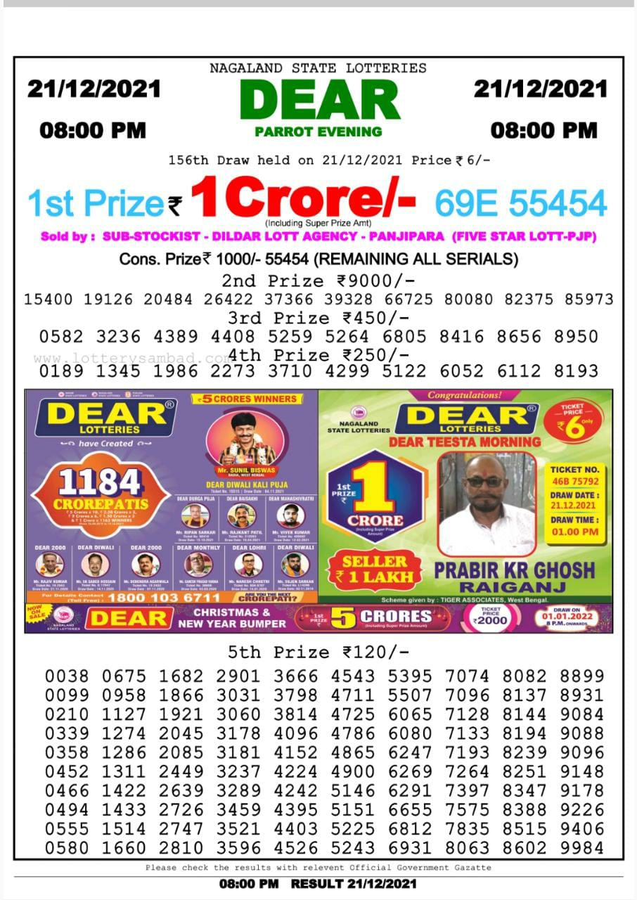 Dear Lottery Nagaland State Lottery Today 8:00 PM 21-12-2021