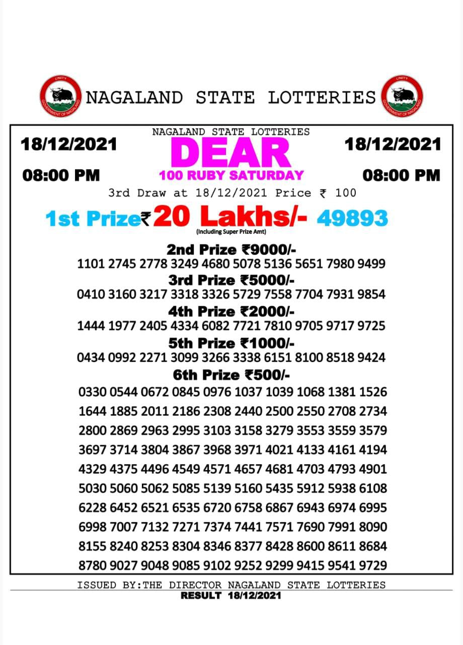 NAGALLAND STATE DEAR 100 WEEKLY LOTTERY 8 pm 18.12.2021