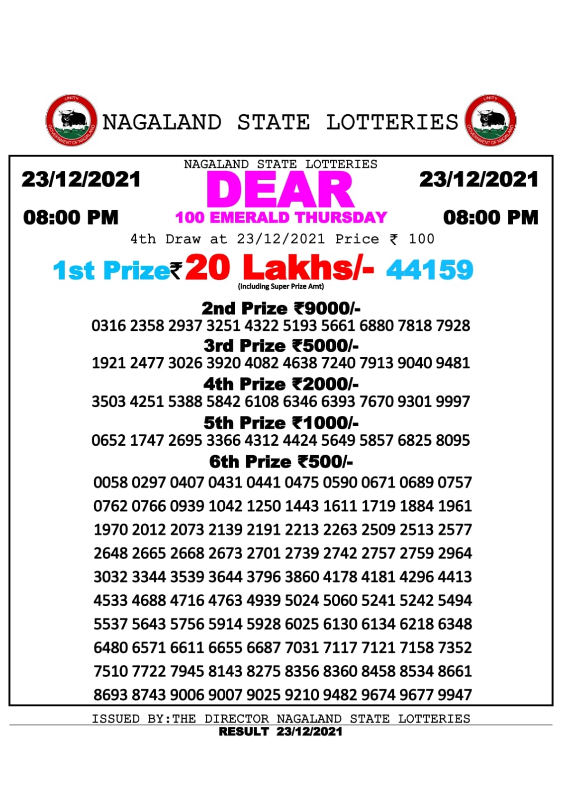 NAGALLAND STATE DEAR 100 WEEKLY LOTTERY 8 pm 23.12.2021