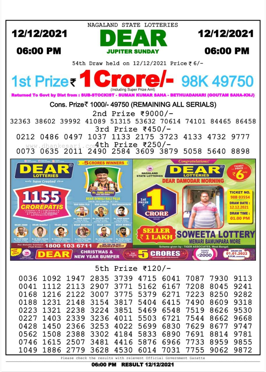 Dear Lottery Nagaland State Lottery Today 6:00 PM 12-12-2021