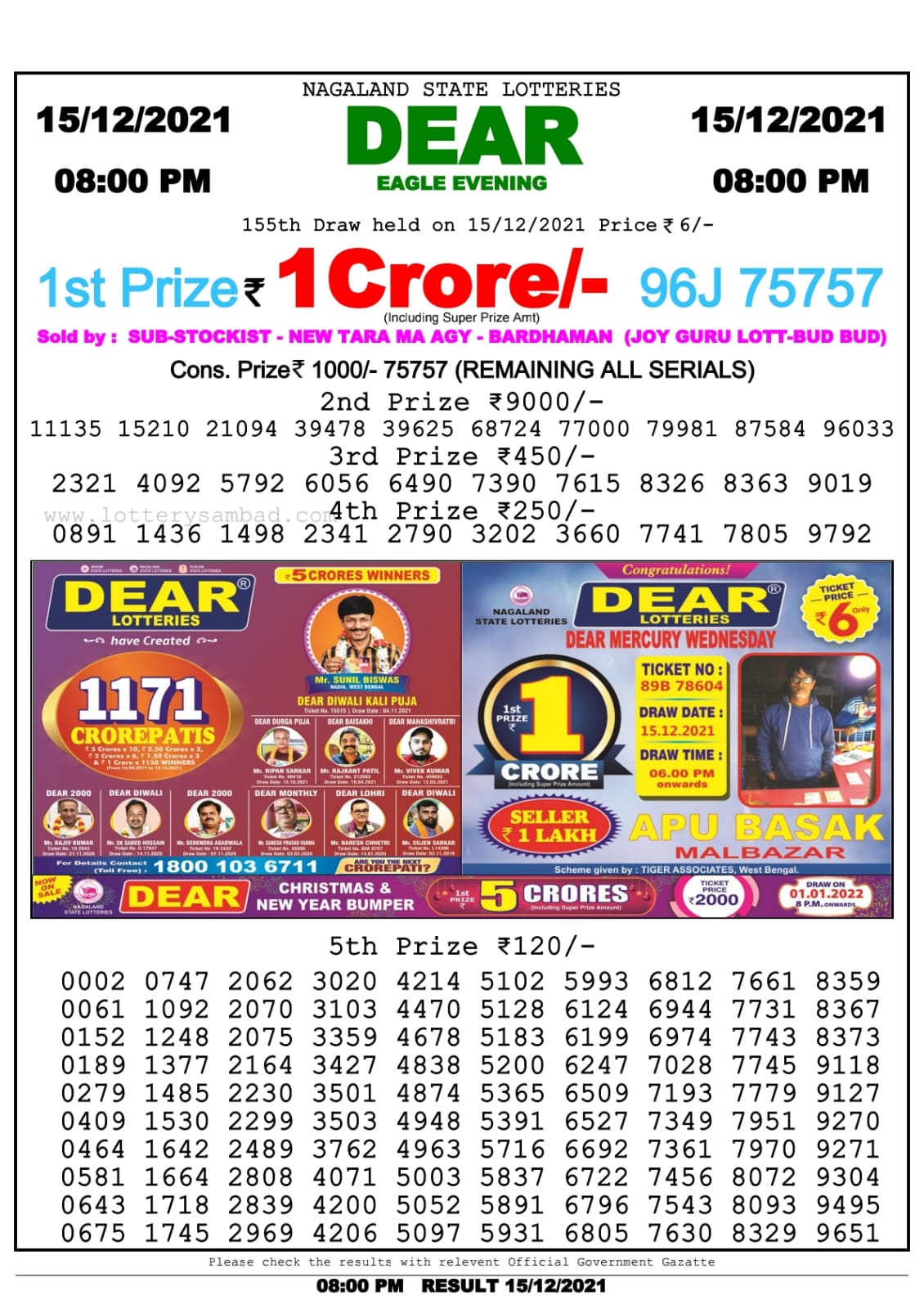Dear Lottery Nagaland State Lottery Today 8:00 PM 15-12-2021
