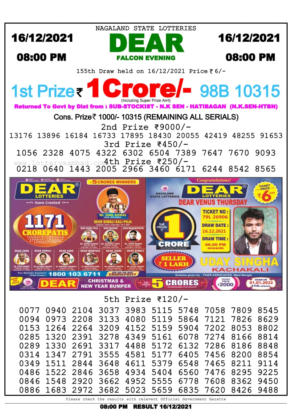 Dear Lottery Nagaland State Lottery Today 8:00 PM 16-12-2021