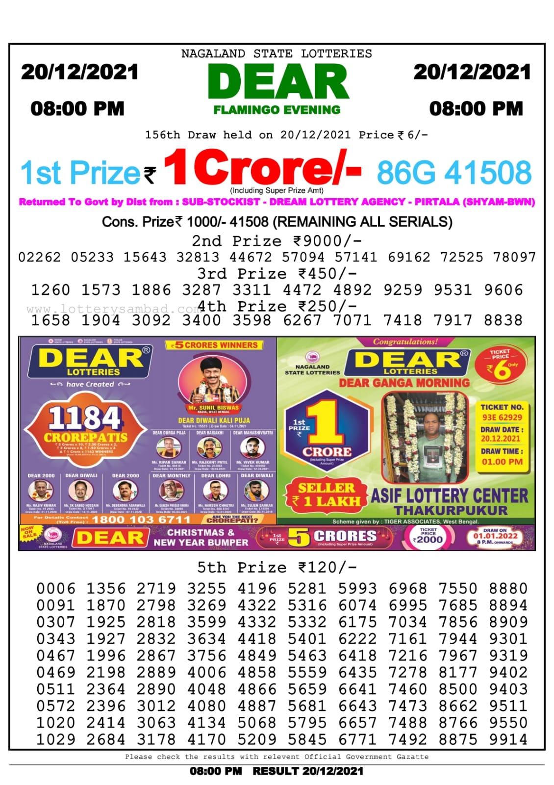 Dear Lottery Nagaland State Lottery Today 8:00 PM 20-12-2021