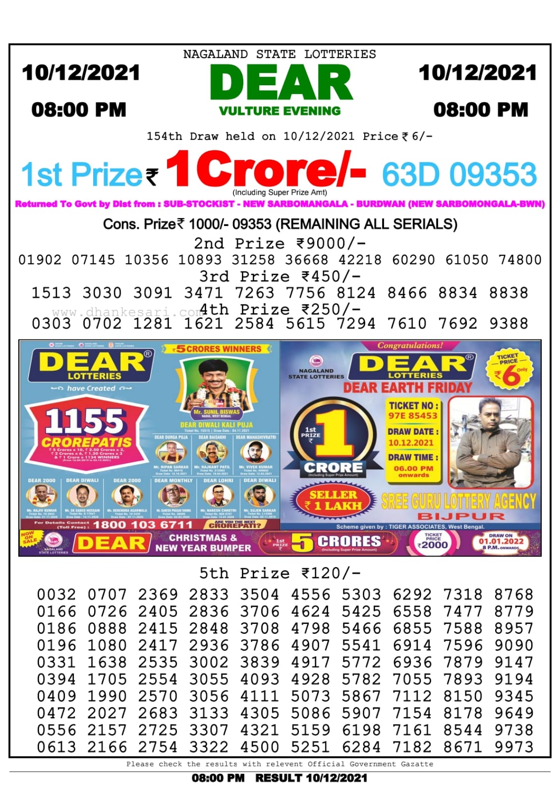 Dear Lottery Nagaland State Lottery Today 8:00 PM 10-12-2021