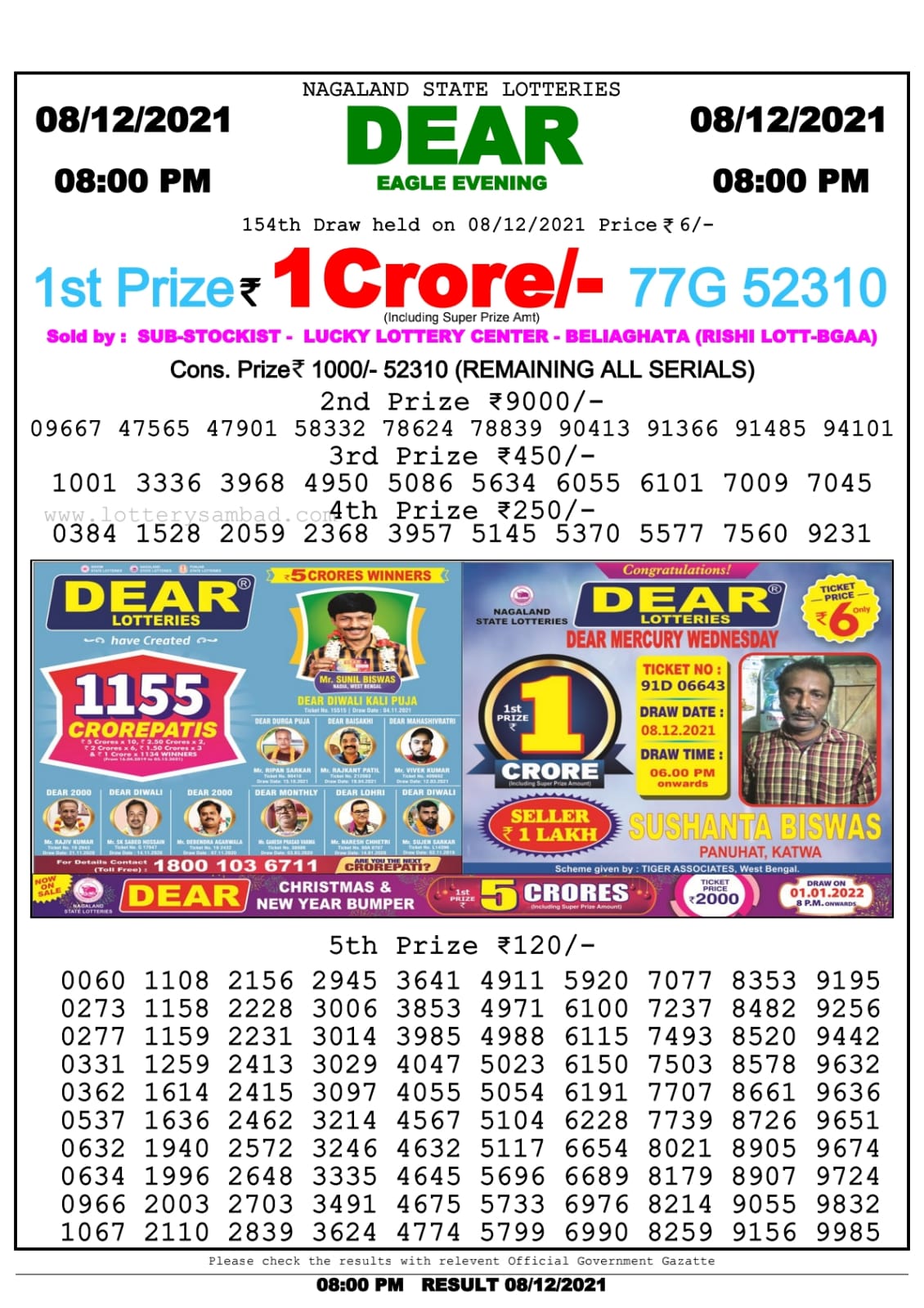 Dear Lottery Nagaland State Lottery Today 8:00 PM 08-12-2021