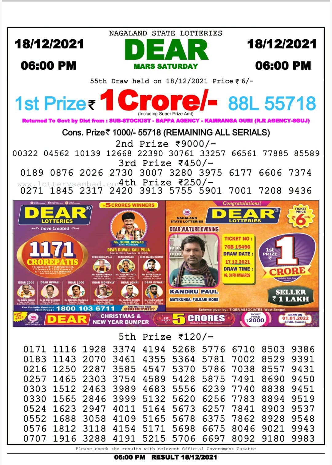 Dear Lottery Nagaland State Lottery Today 6:00 PM 18-12-2021