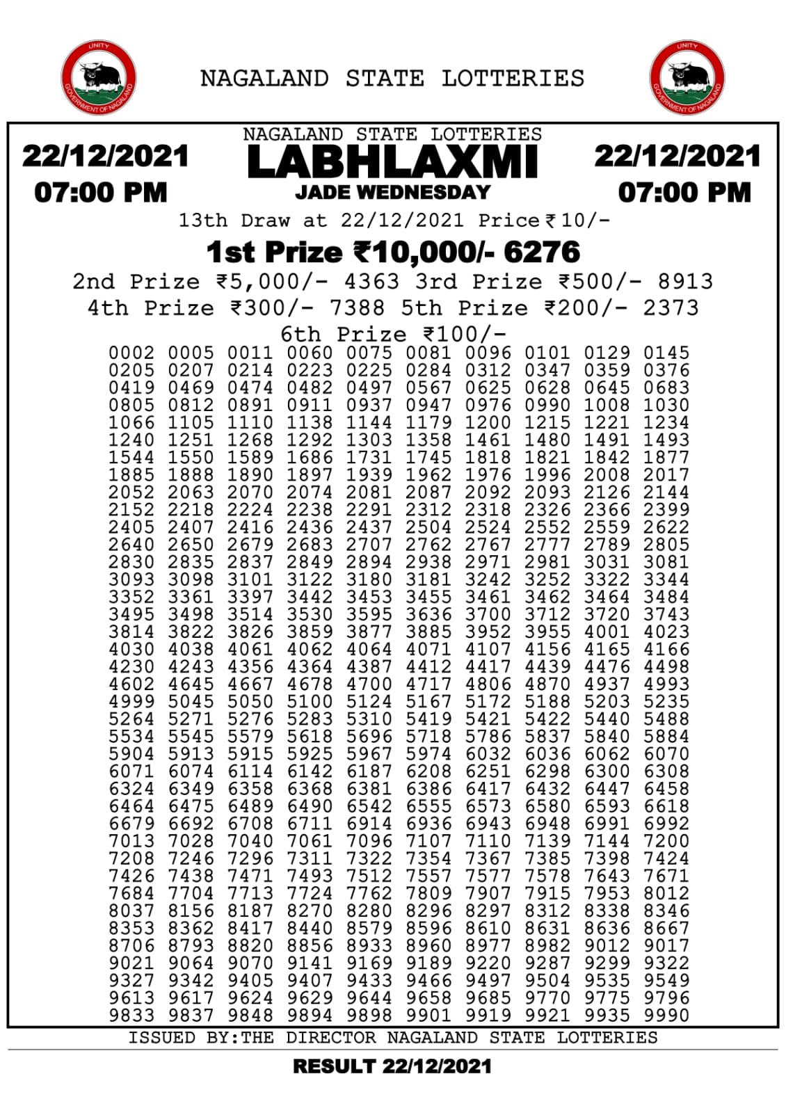 Labhlaxmi 7.00pm Lottery Result 22.12.2021
