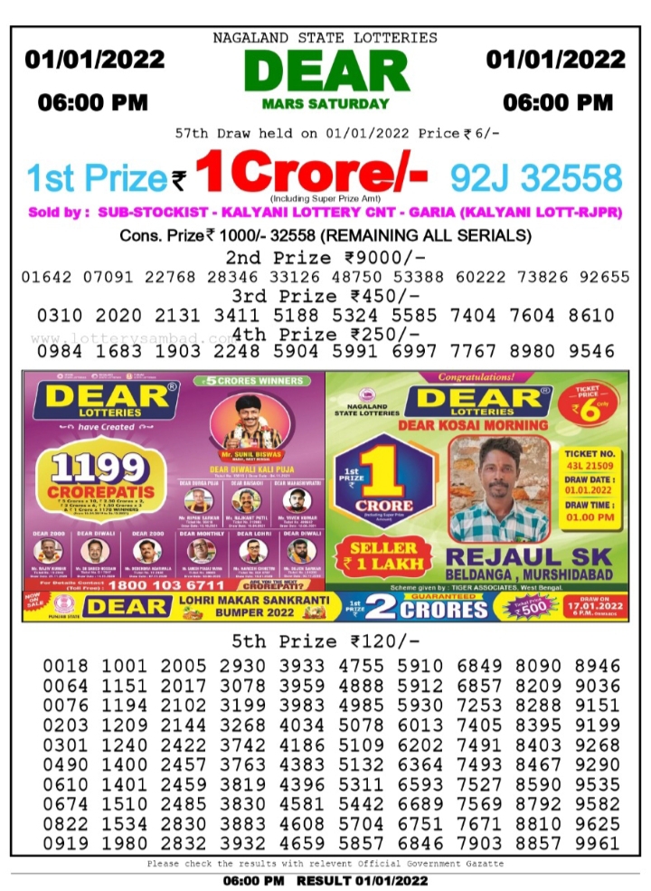 Dear Lottery Nagaland state Lottery Results 6 PM 01/01/2022