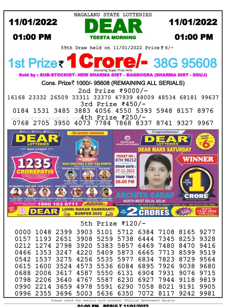 Dear Lottery Results 1 PM 11/01/2022