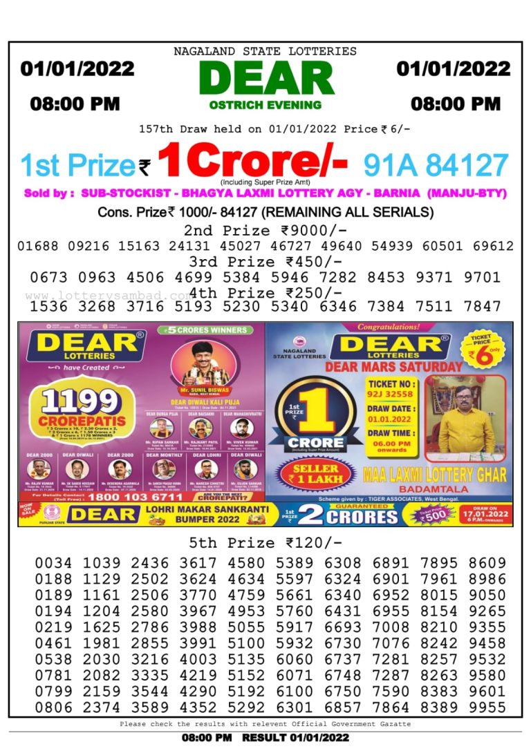 Dear Lottery Nagaland state Lottery Results 6 PM 01/01/2022