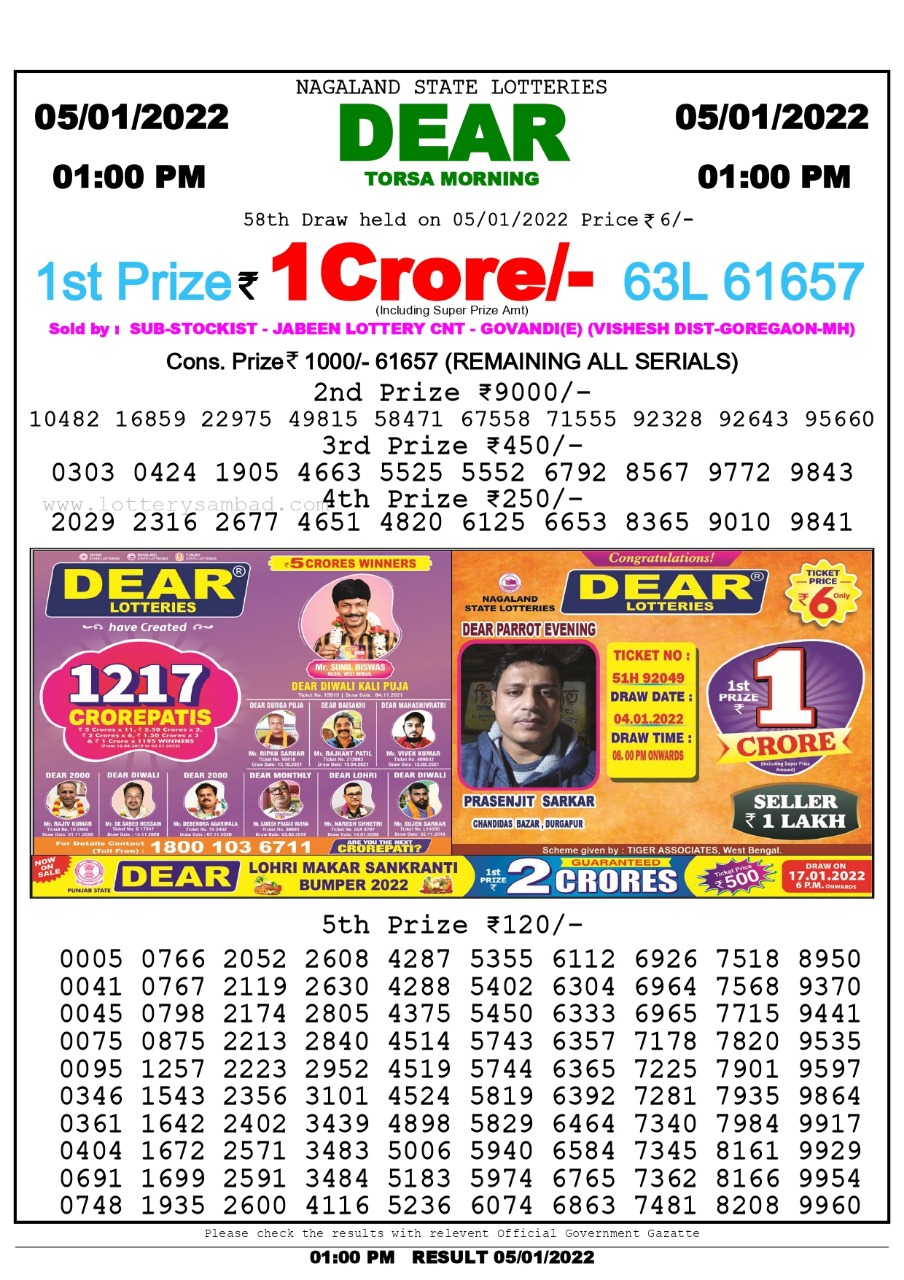 Dear Lottery Nagaland state Lottery Results 1.00 PM 05/01/2022