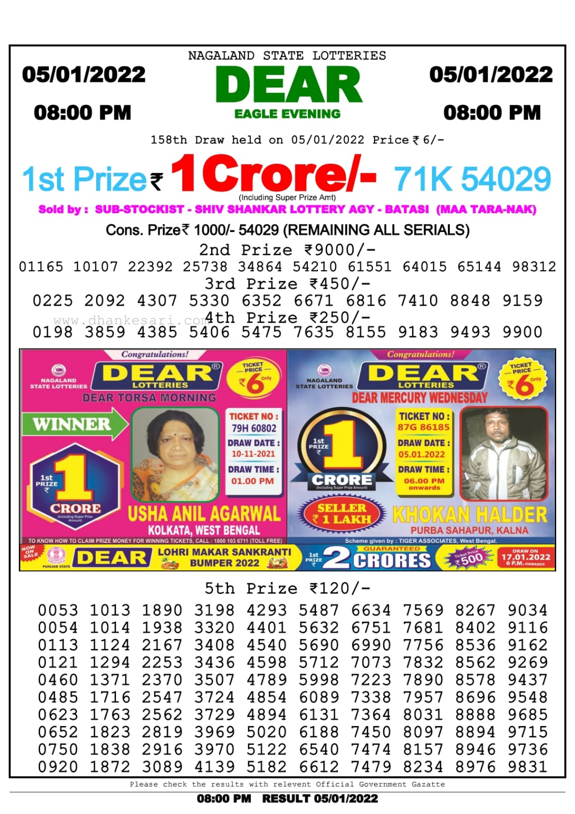 Dear Lottery Nagaland state Lottery Results 8.00 PM 05/01/2022