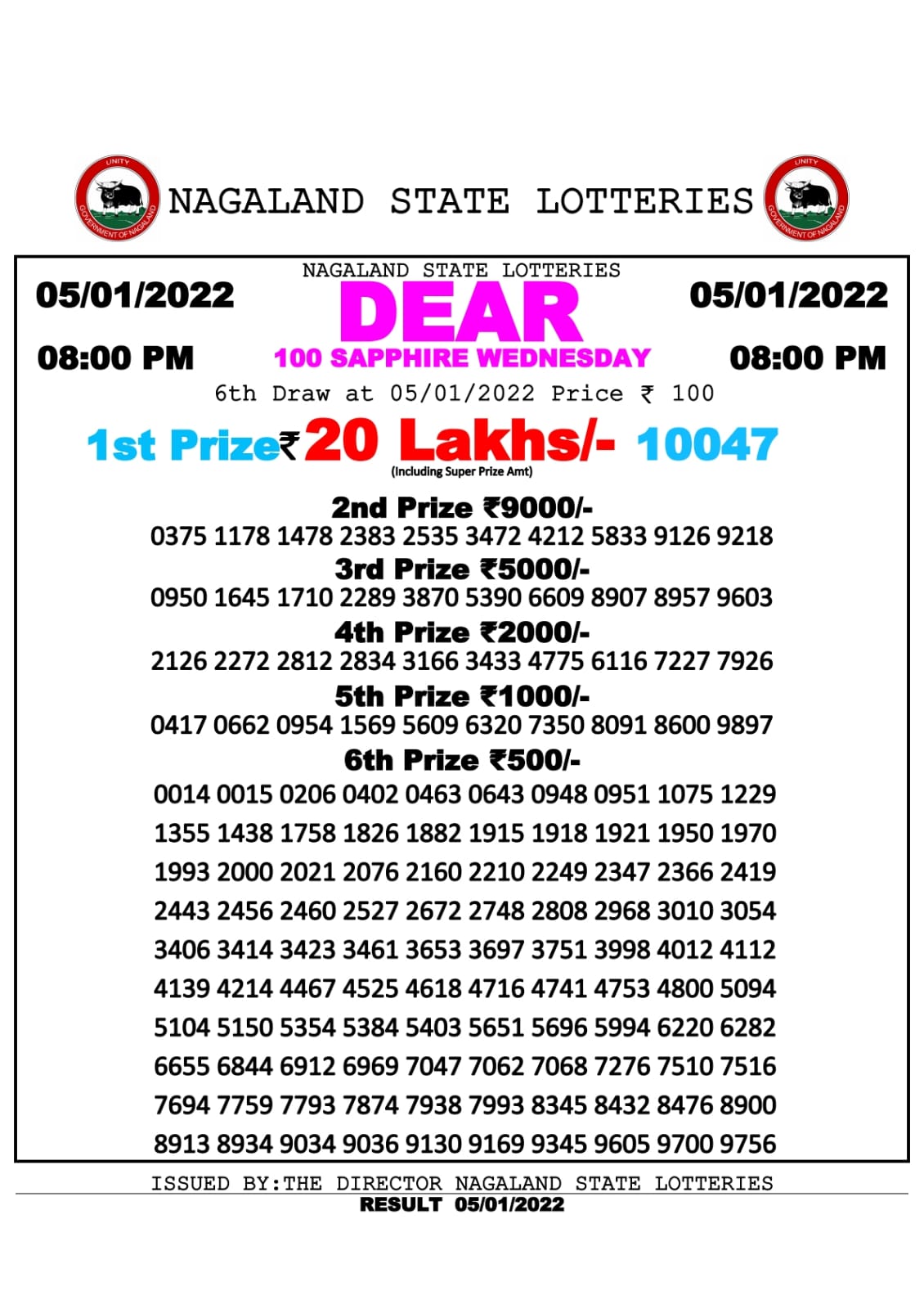 NAGALLAND STATE DEAR 100 WEEKLY LOTTERY 8 pm 04-01-2022
