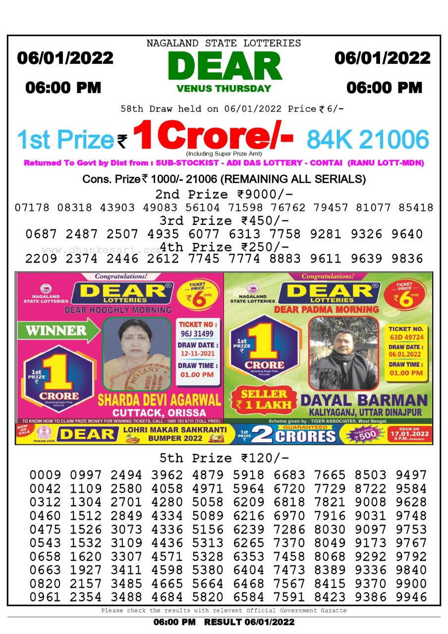 Dear Lottery Nagaland state Lottery Results 6.00 PM 06/01/2022