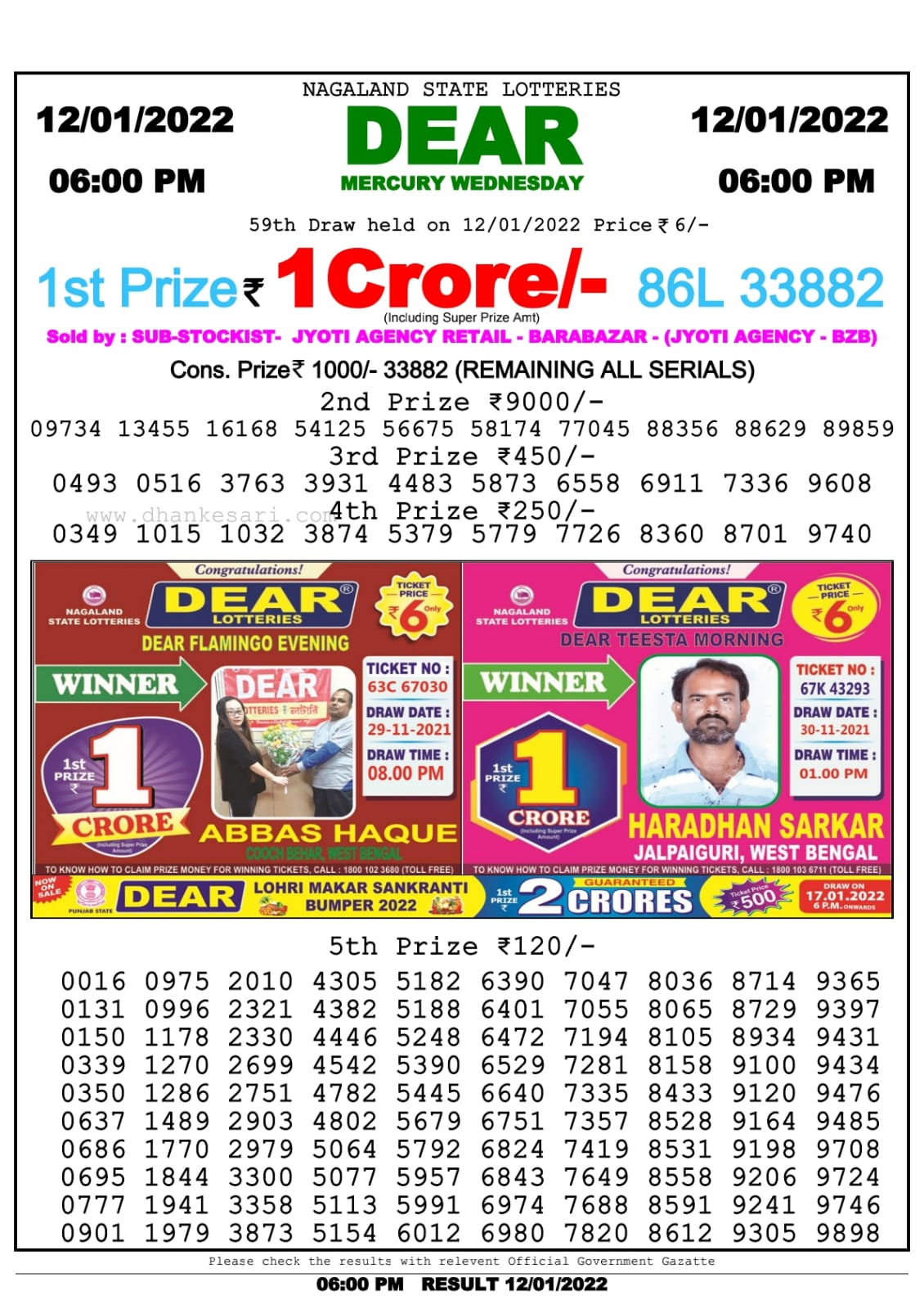 Dear Lottery Nagaland state Lottery Results 6.00 PM 12/01/2022