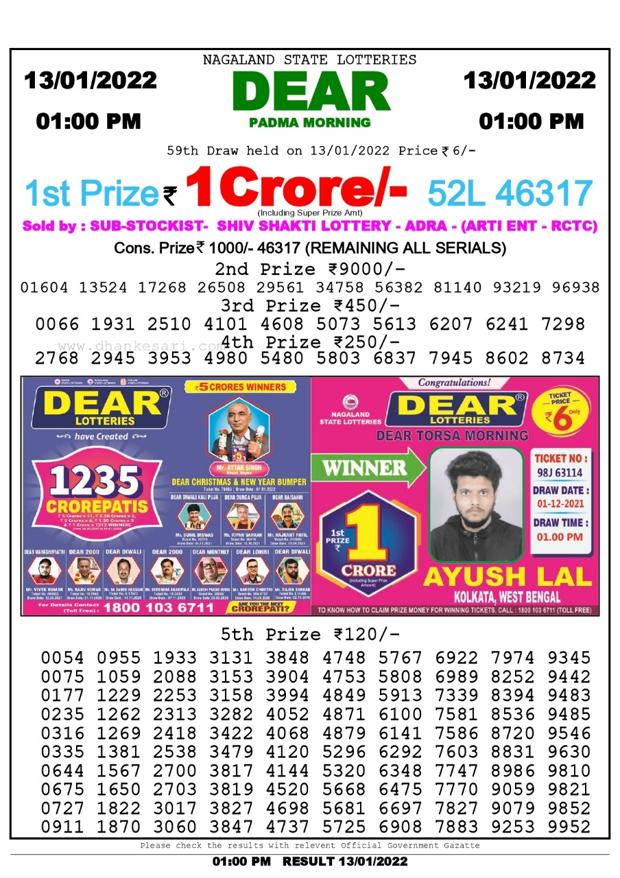 Dear Lottery Nagaland state Lottery Results 1.00 PM 13/01/2022