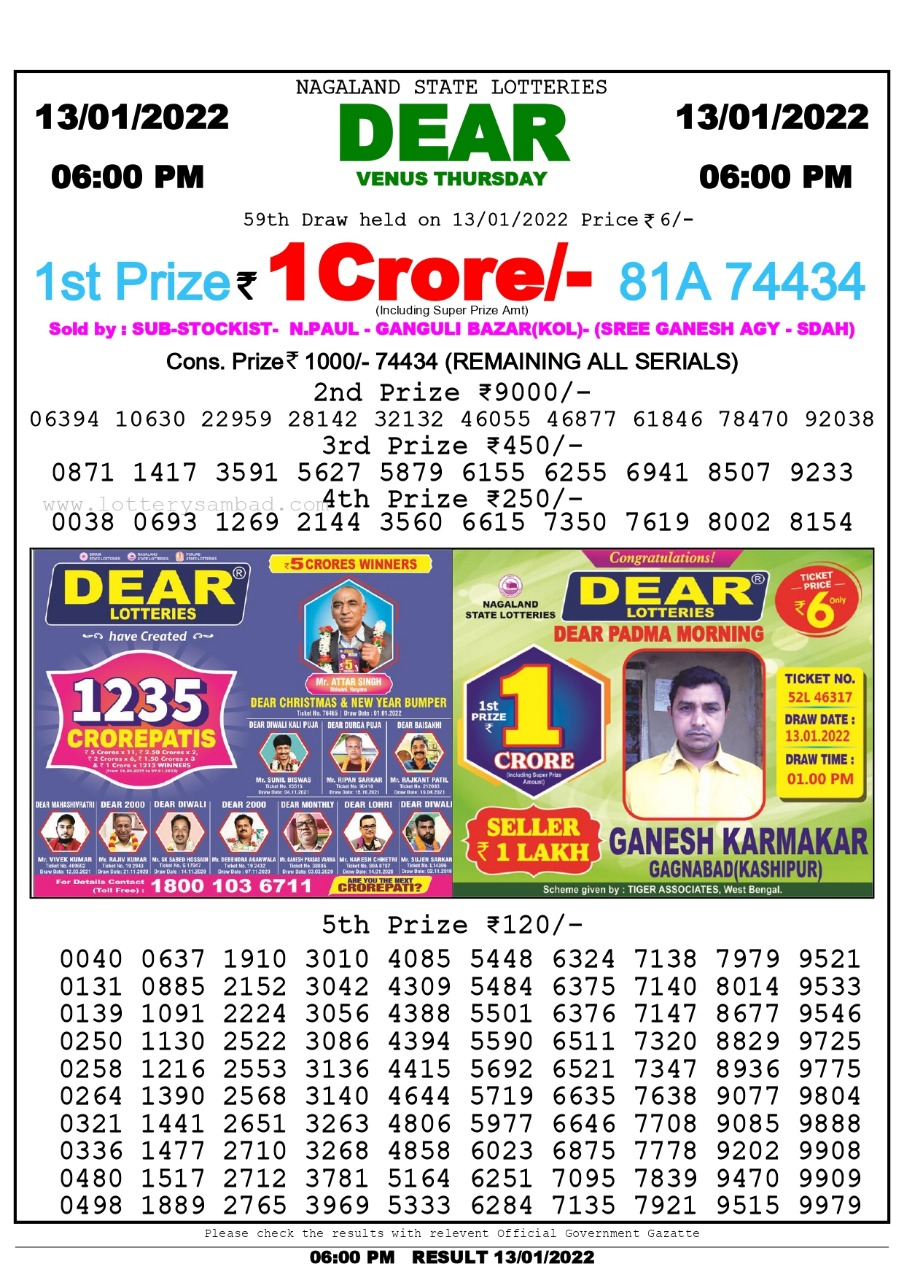 Dear Lottery Nagaland state Lottery Results 6.00 PM 13/01/2022
