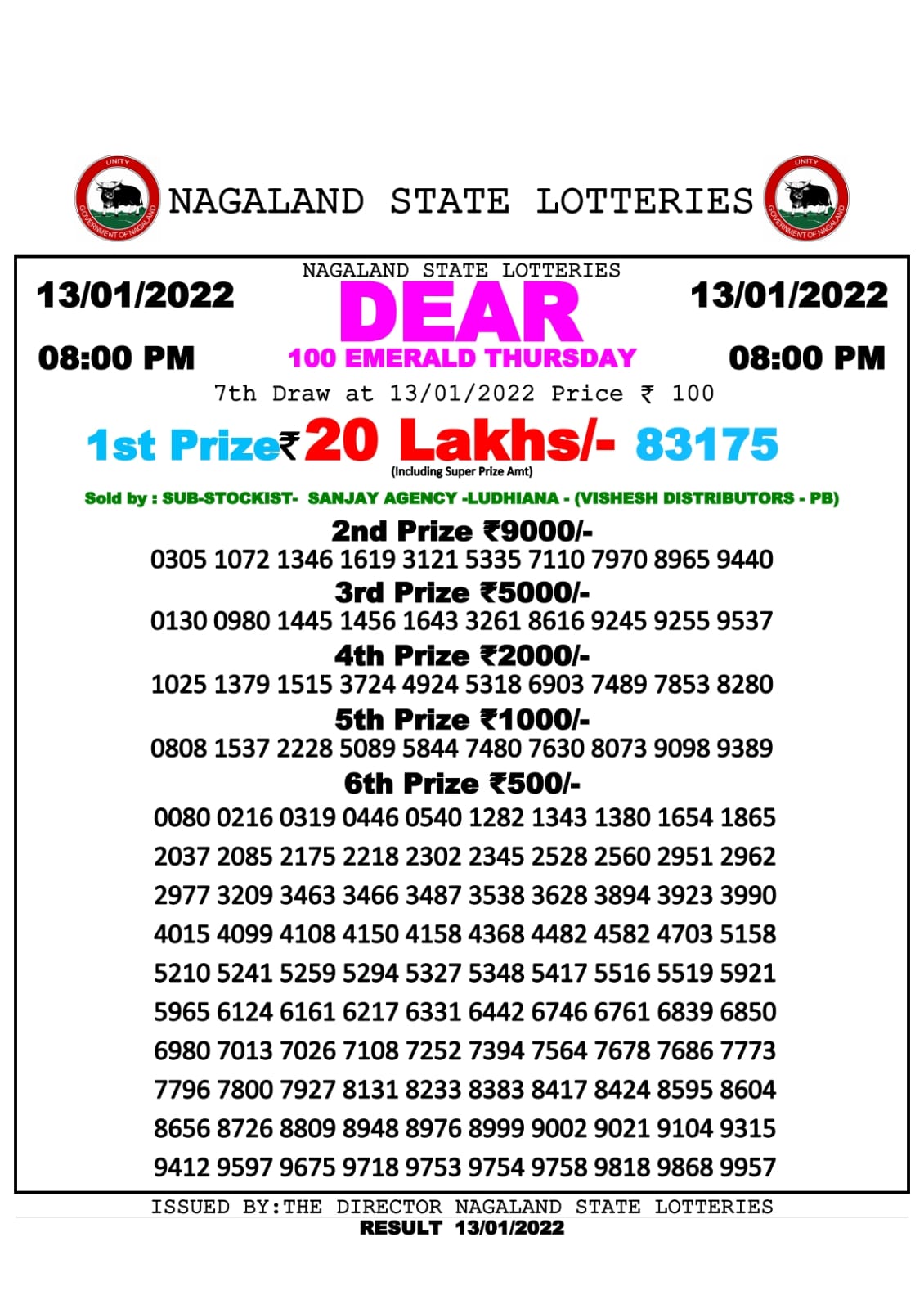 NAGALLAND STATE DEAR 100 WEEKLY LOTTERY 8 pm 13-01-2022
