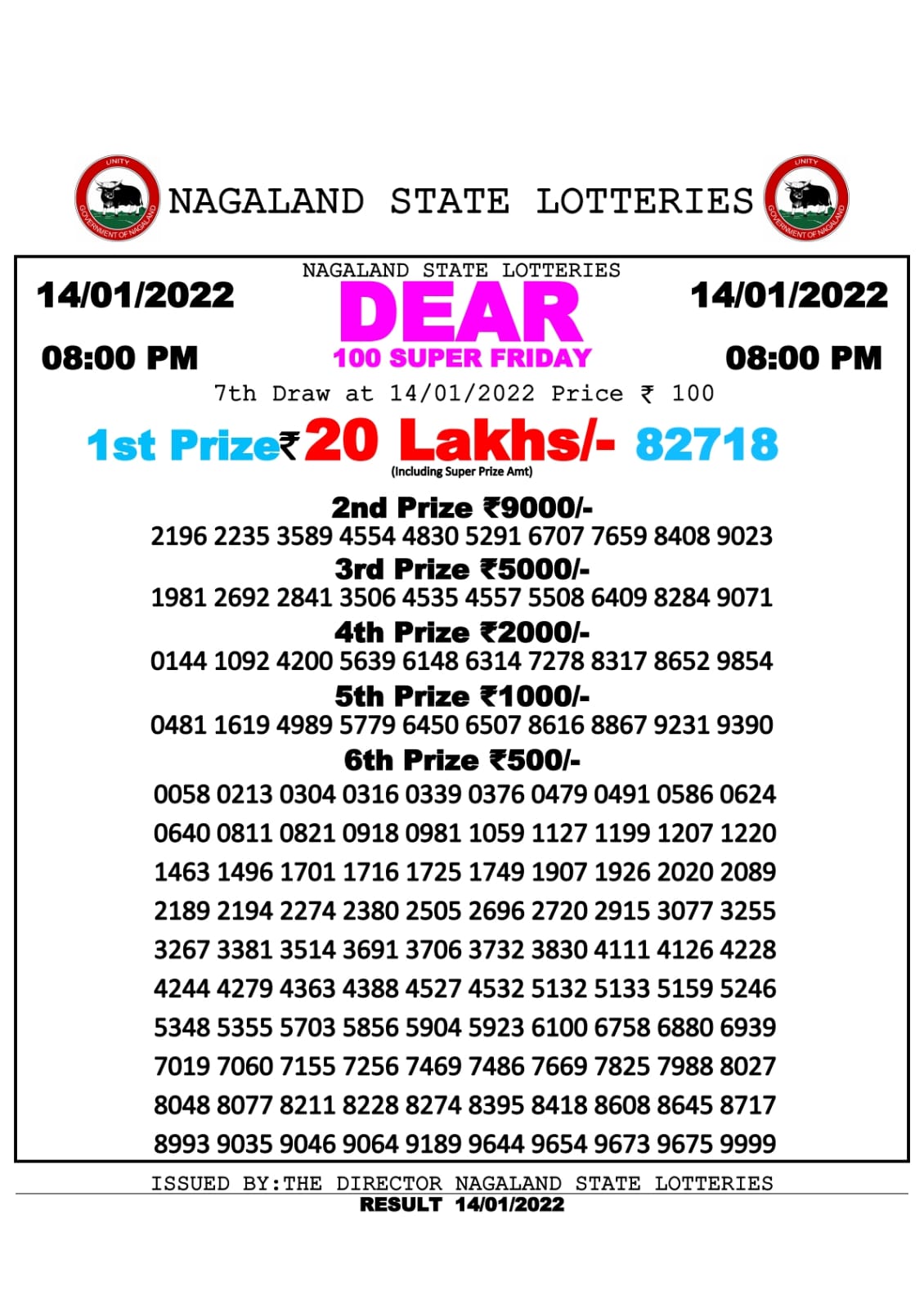 Dear 100 weekly lottery result 14.01.2022