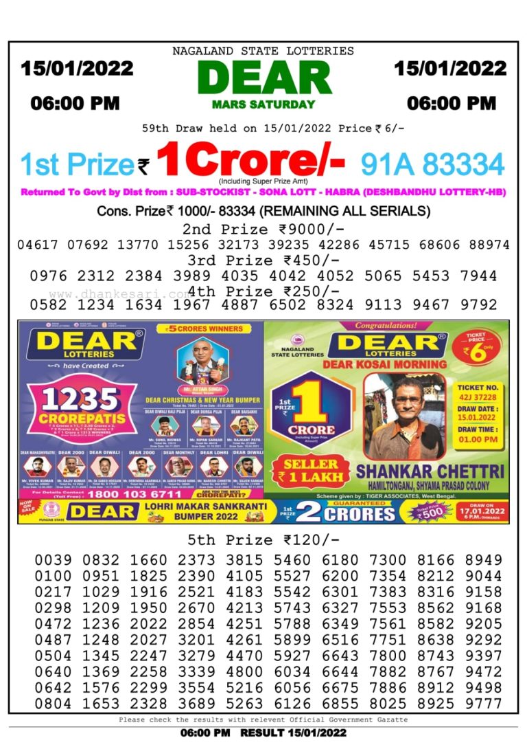 Dear Lottery Nagaland state Lottery Results 6.00 PM 15/01/2022