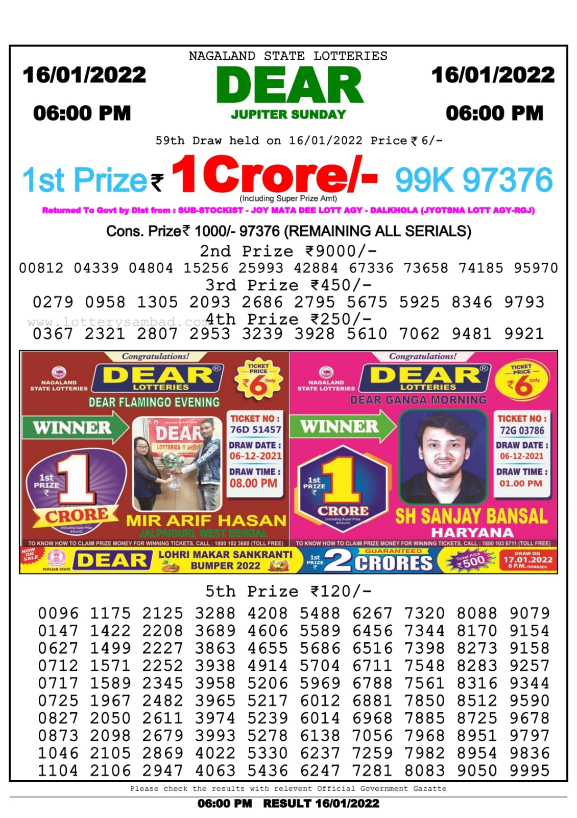 Dear Lottery Nagaland state Lottery Results 6.00 PM 16/01/2022
