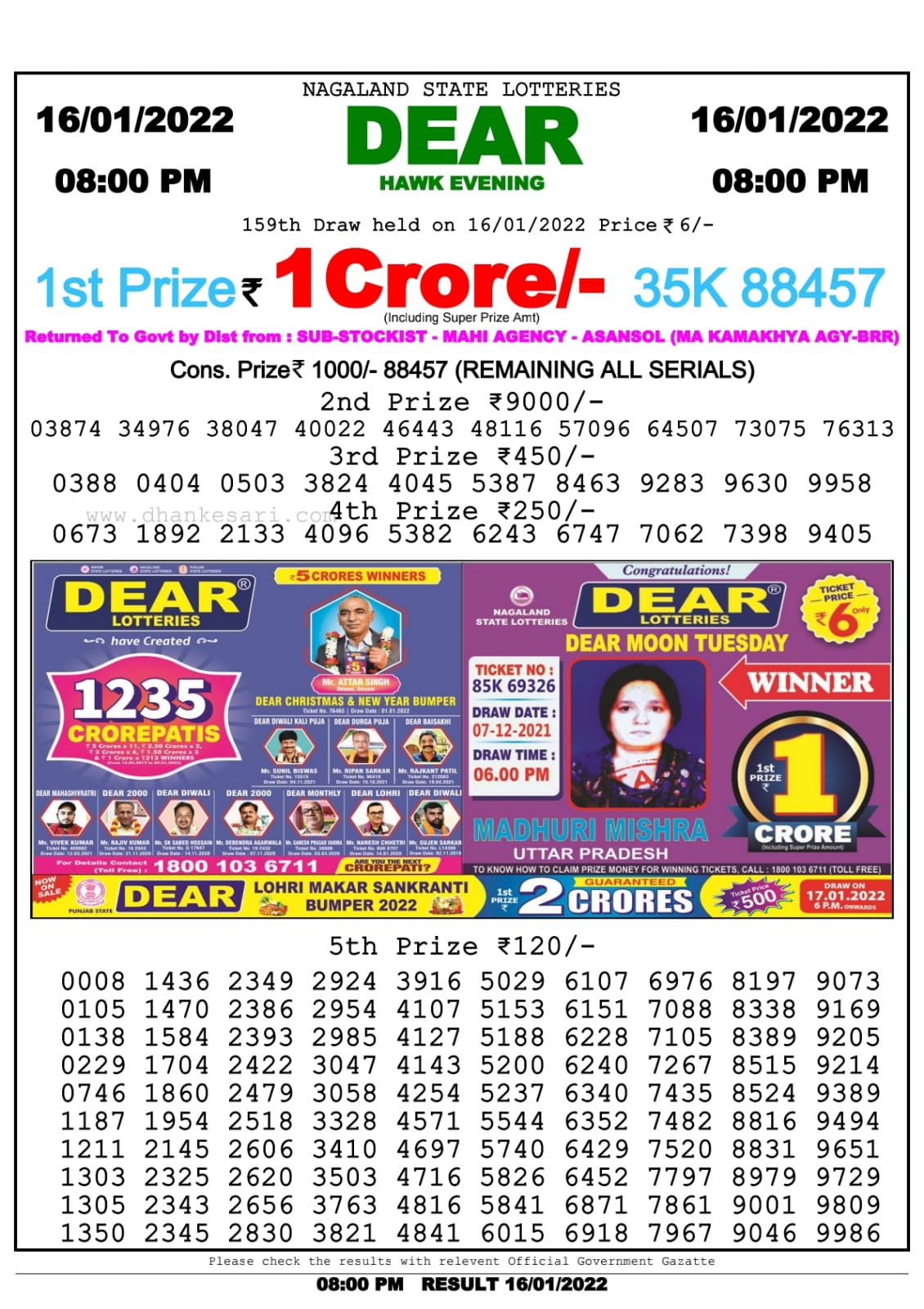 Dear Lottery Nagaland state Lottery Results 8.00 PM 16/01/2022