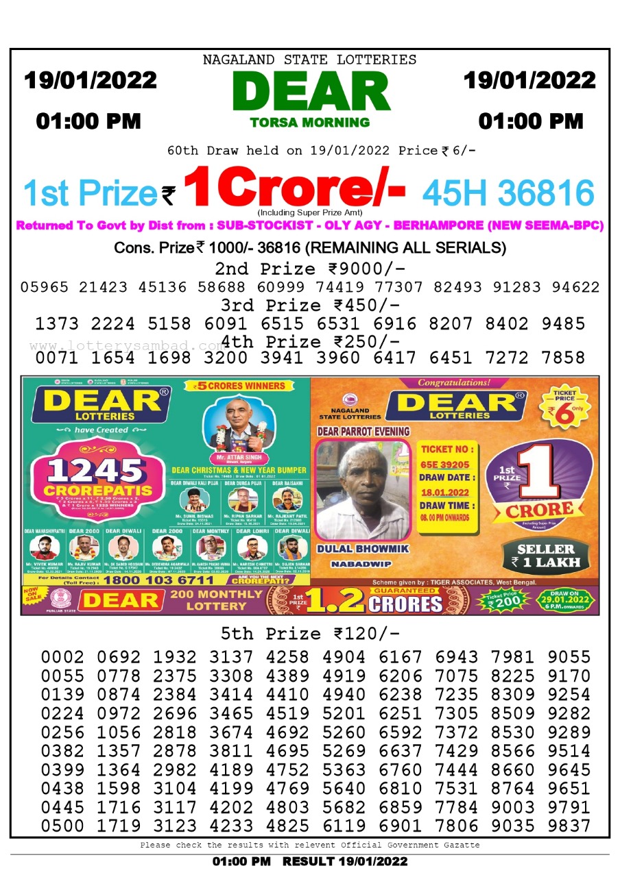 Dear Lottery Nagaland state Lottery Results 1 PM 19.01.2022