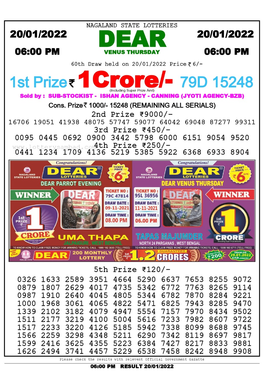 Dear Lottery Nagaland state Lottery Results 6.00 PM 20.01.2022
