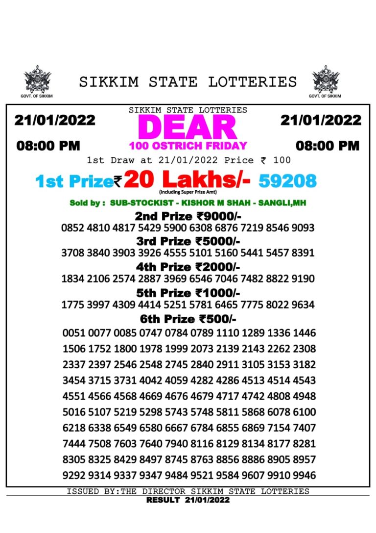 Dear 100 weekly Result 8.00pm 21.01.2022