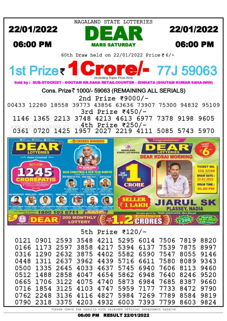 Dear Lottery Nagaland state Lottery Results 6.00 PM 22.01.2022