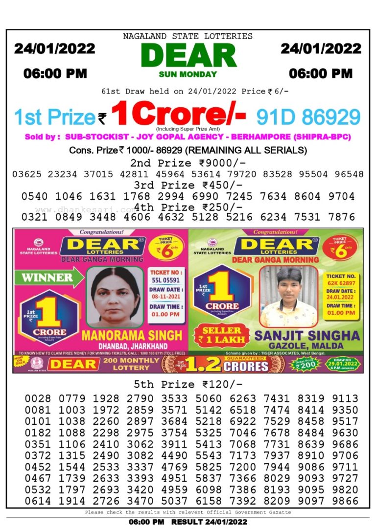 Dear Lottery Nagaland state Lottery Results 6.00 PM 24.01.2022