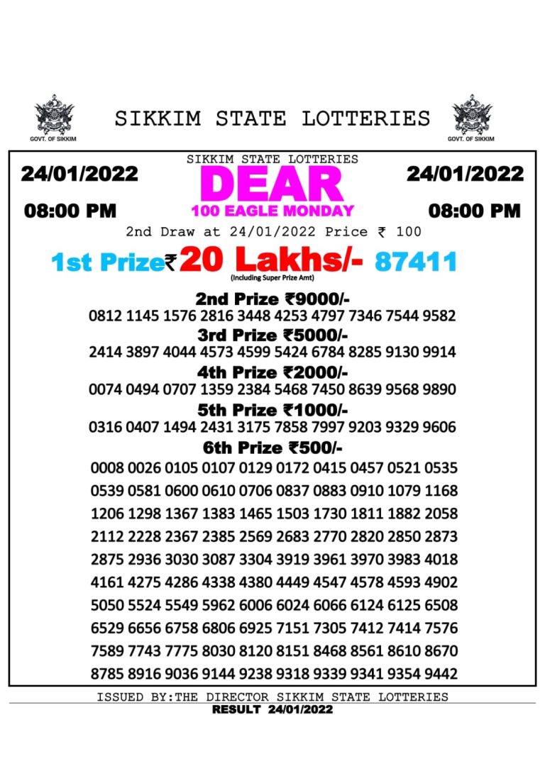DEAR 100 WEEKLY RESULT 8.00PM 24.01.2022