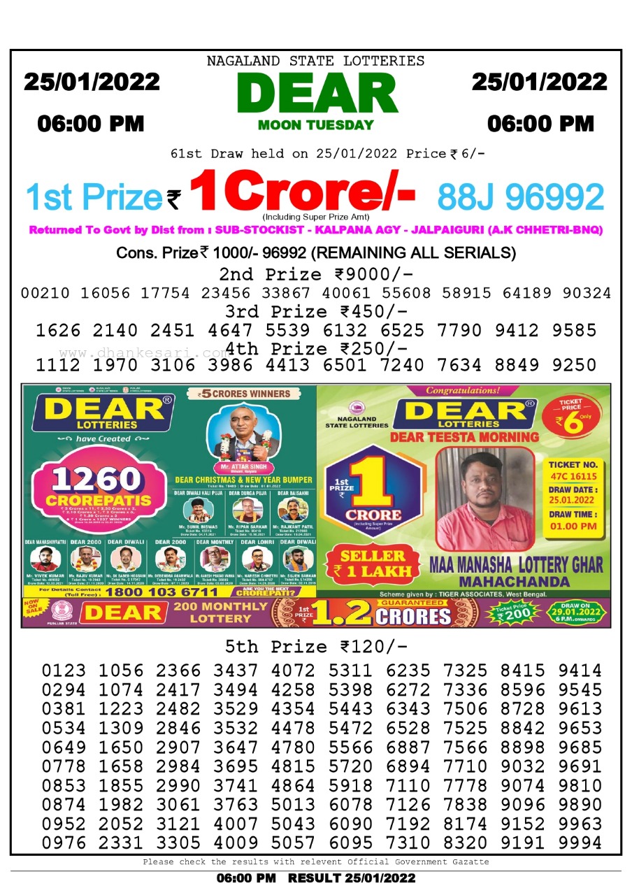 Dear Lottery Nagaland state Lottery Results 6.00 PM 25.01.2022