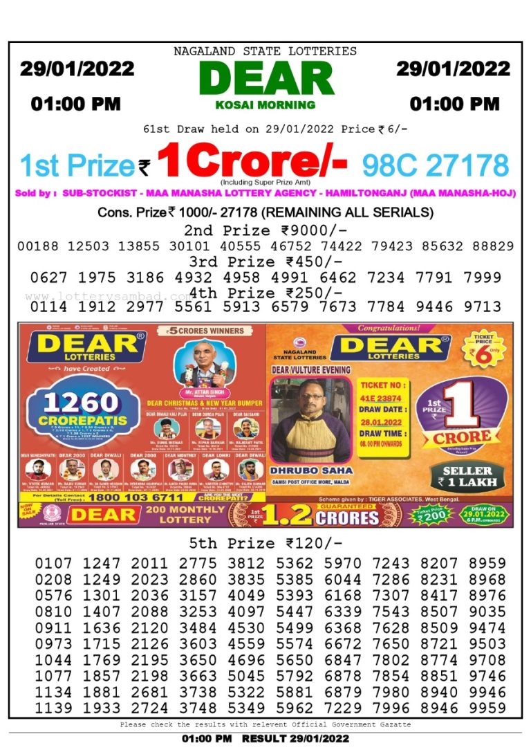 Dear Lottery Nagaland state Lottery Results 1.00 PM 29.01.2022