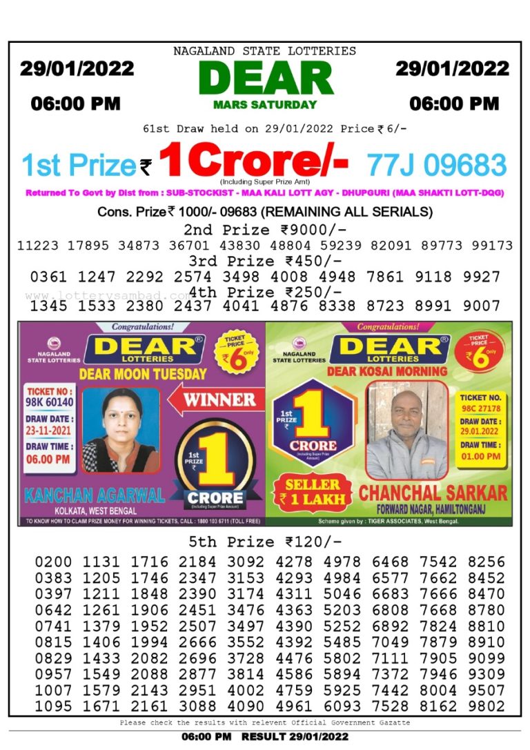 Dear Lottery Nagaland state Lottery Results 6.00 PM 29.01.2022