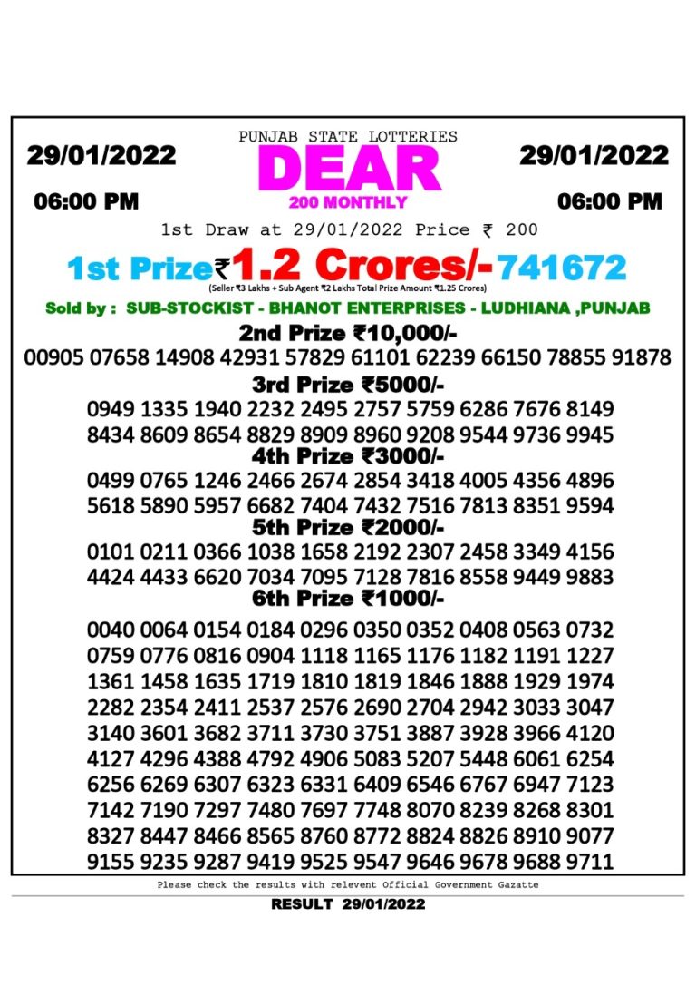 DEAR 200 MONTHLY LOTTERY RESULT 6.00PM 29.01.2022