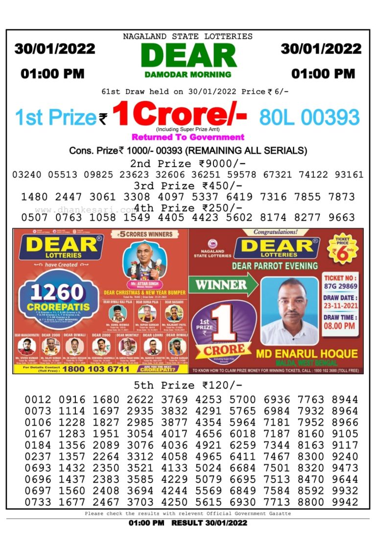 Dear Lottery Nagaland state Lottery Results 1.00 PM 30.01.2022