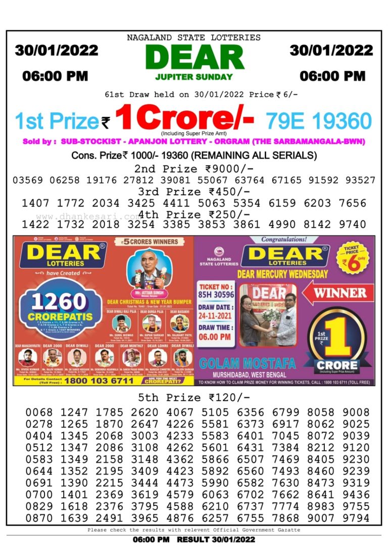 Dear Lottery Nagaland state Lottery Results 6.00 PM 30.01.2022