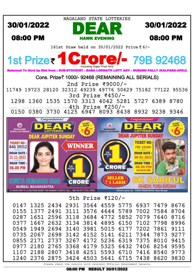 Dear Lottery Nagaland state Lottery Results 8.00 PM 30.01.2022