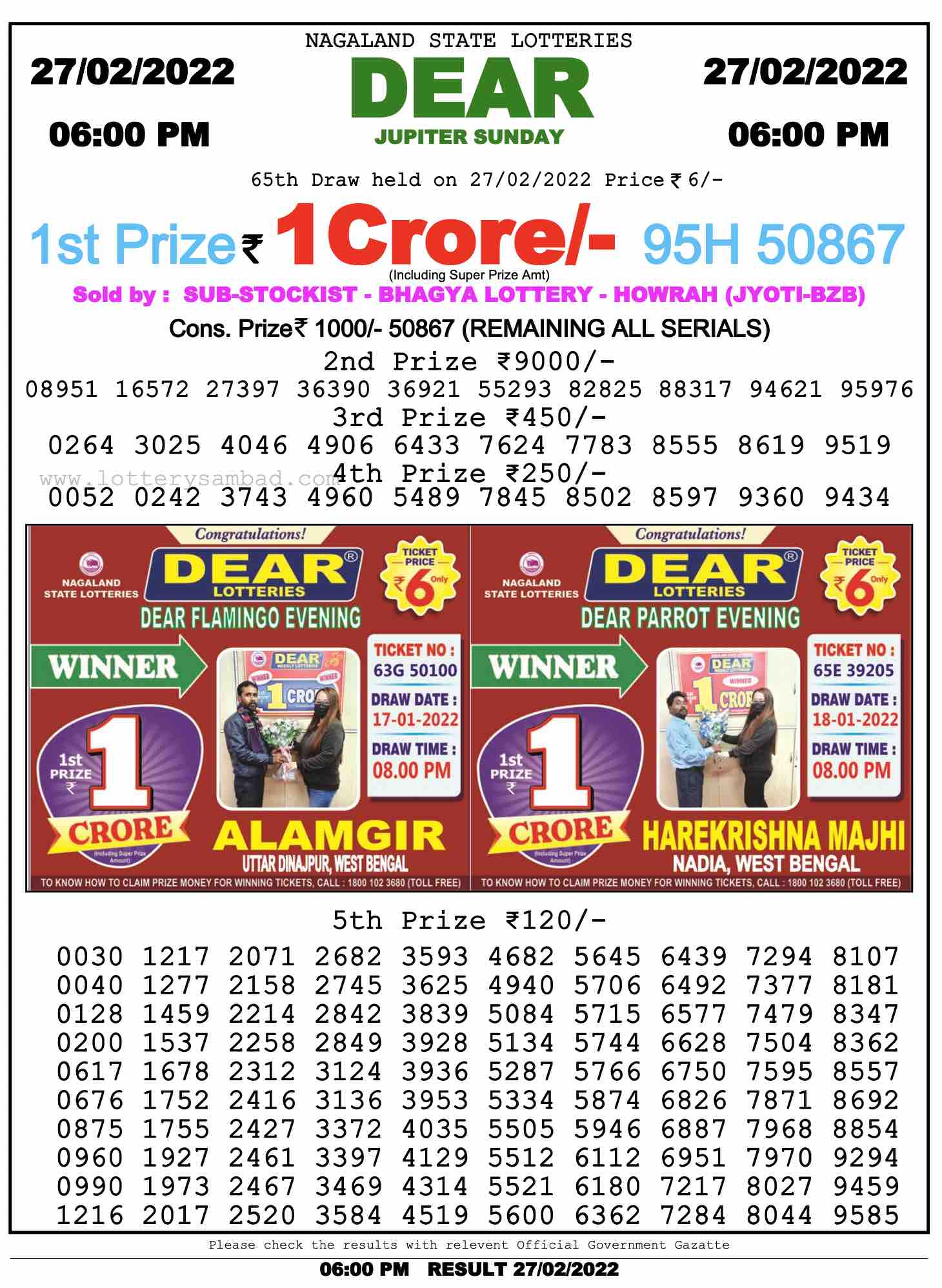 Dear Lottery Nagaland state Lottery Results 6.00 PM 27.02.2022
