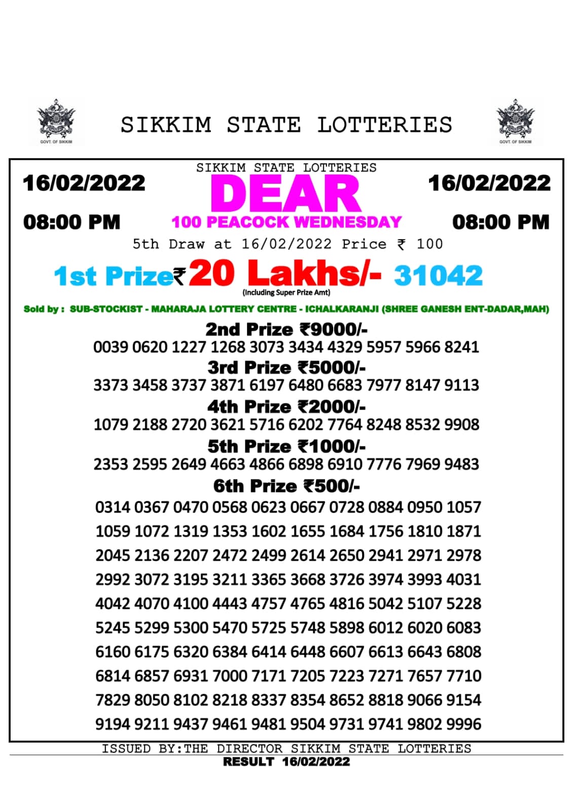 Dear 100 lottery result 8.00PM